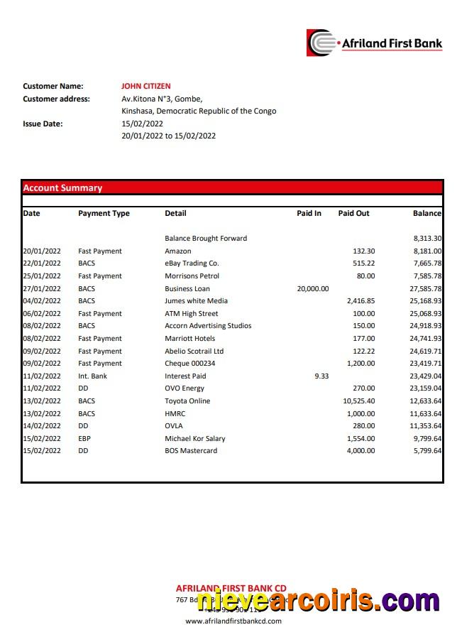 Congo Afriland First Bank statement